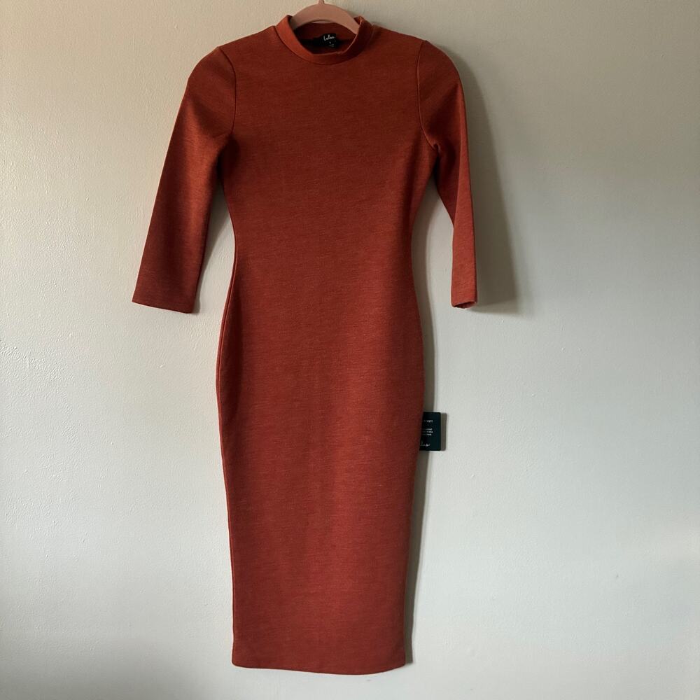 NWT Lulus Rust Orange Mock Neck Sweater Midi Dress Bodycon Small